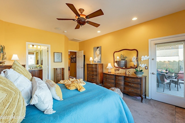 carpeted bedroom with access to exterior, recessed lighting, ensuite bathroom, and a ceiling fan