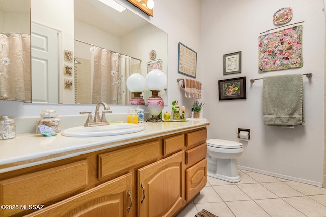 bathroom featuring vanity, toilet, curtained shower, and tile patterned flooring