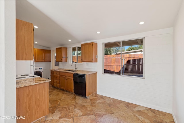 kitchen featuring light stone counters, dishwasher, stovetop, washer / clothes dryer, and sink