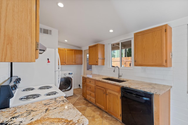 kitchen featuring vaulted ceiling, range with electric cooktop, washer / clothes dryer, black dishwasher, and sink