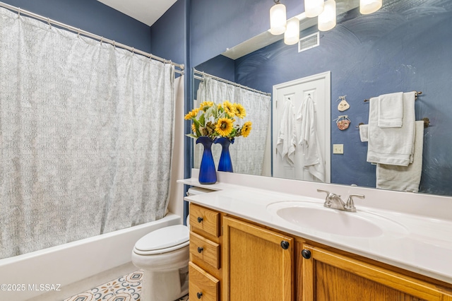 full bathroom with toilet, tile patterned floors, shower / bath combo, and vanity