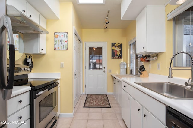 kitchen featuring white cabinetry, sink, stainless steel range with electric cooktop, and black dishwasher