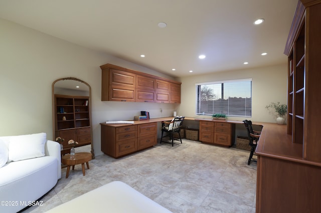 home office featuring recessed lighting and built in study area