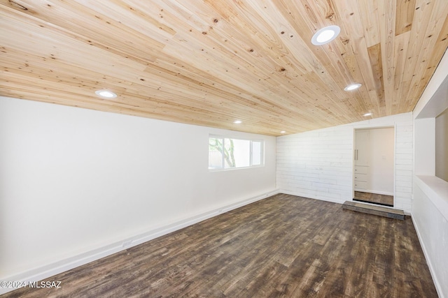 basement with dark wood-type flooring and wooden ceiling