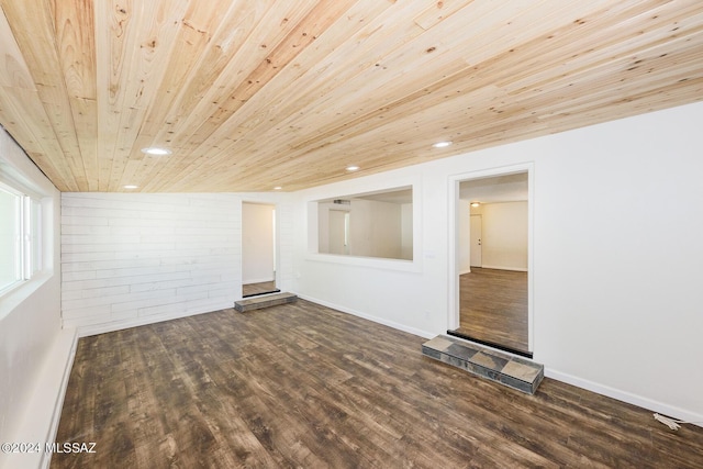 spare room featuring wooden ceiling and dark hardwood / wood-style floors