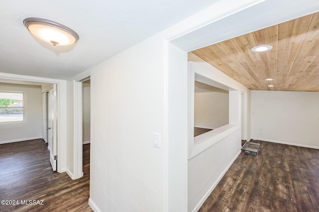 hallway featuring wooden ceiling and dark hardwood / wood-style floors