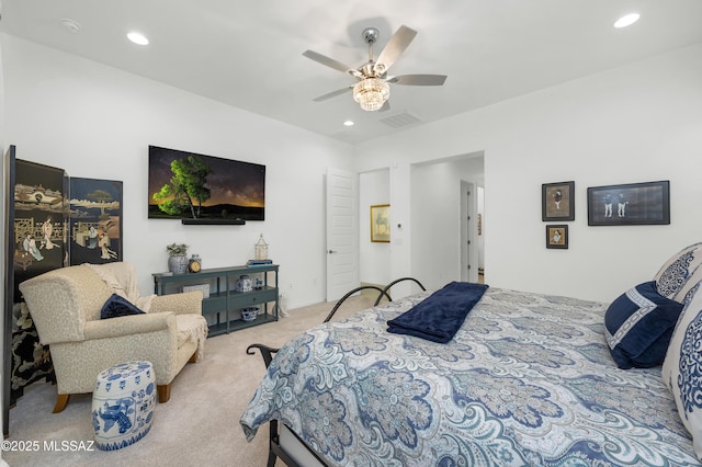 carpeted bedroom with ceiling fan