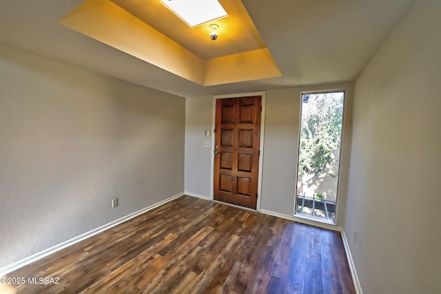 foyer with dark hardwood / wood-style flooring and a raised ceiling