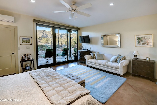 bedroom with ceiling fan, a wall mounted air conditioner, and access to outside