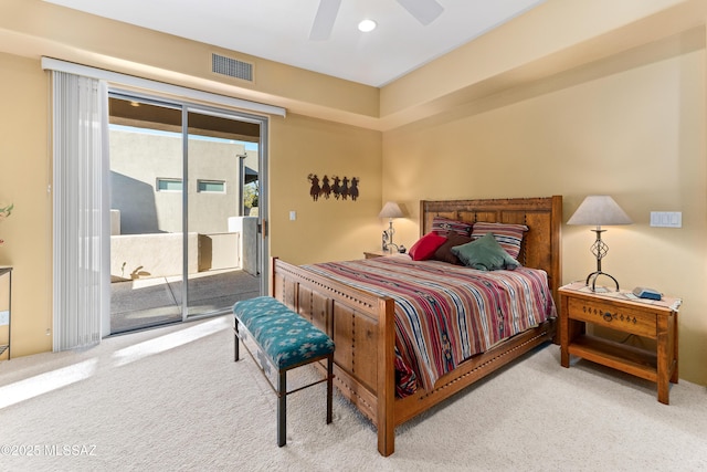 carpeted bedroom featuring ceiling fan and access to exterior