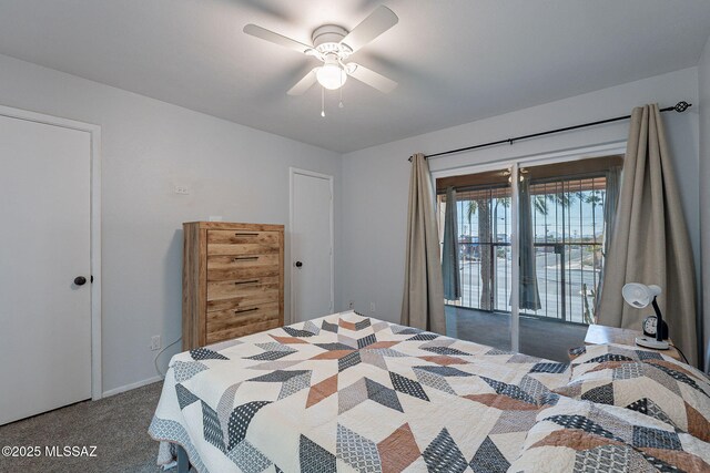 bedroom with access to exterior, ceiling fan, and dark colored carpet