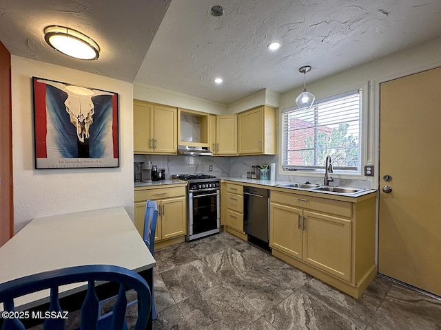 kitchen featuring black dishwasher, gas stove, decorative light fixtures, light brown cabinetry, and sink