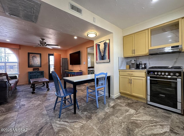 kitchen featuring stainless steel range, ceiling fan, and tasteful backsplash