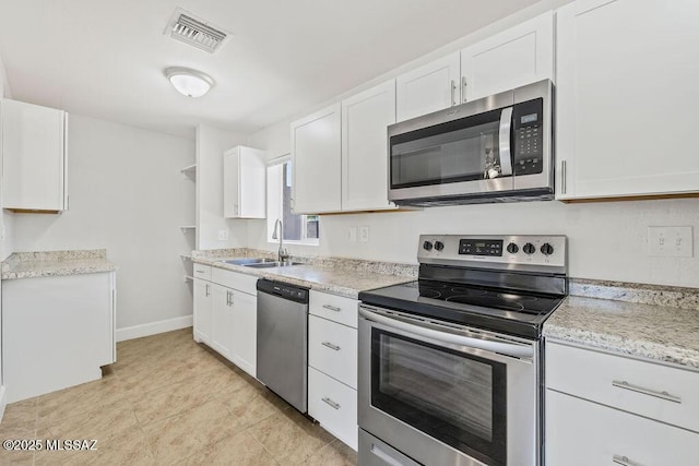 kitchen with stainless steel appliances, white cabinetry, sink, and light stone counters