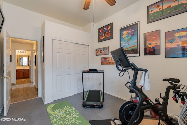 workout area with ceiling fan