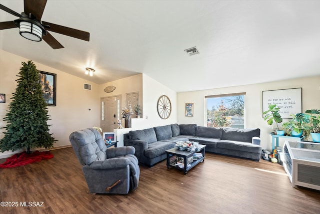 living room featuring lofted ceiling, ceiling fan, and hardwood / wood-style floors