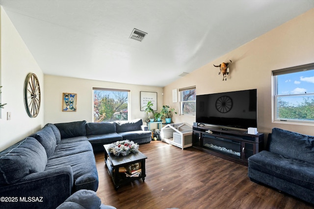 living room with lofted ceiling and dark hardwood / wood-style flooring