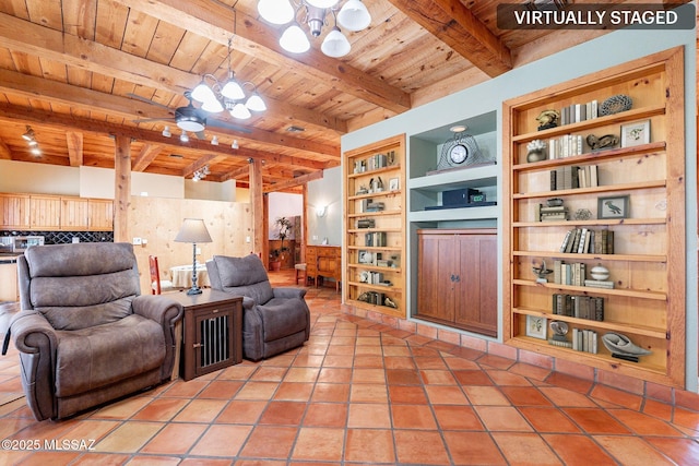 living room featuring wood ceiling, wood walls, beamed ceiling, a notable chandelier, and built in features