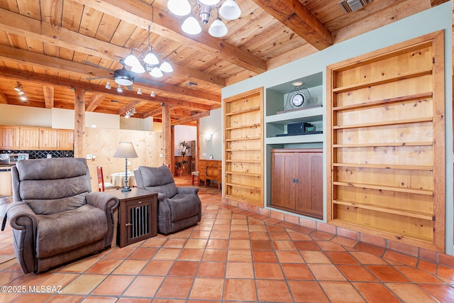 living room featuring wood ceiling, a notable chandelier, wooden walls, beam ceiling, and built in shelves