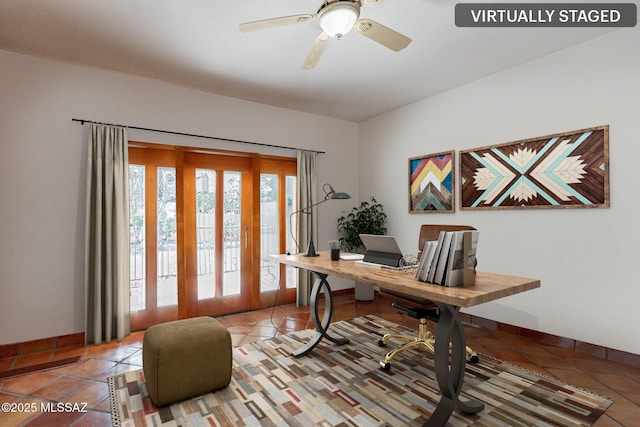 office area featuring ceiling fan and tile patterned floors