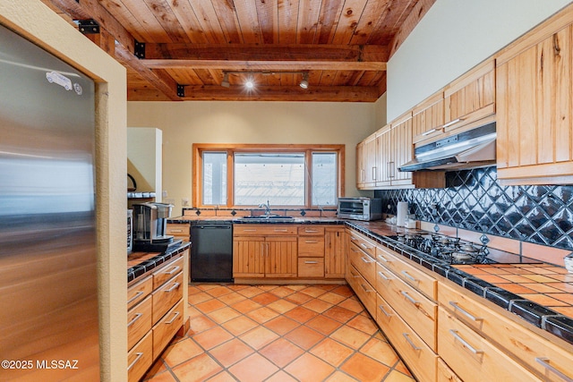 kitchen with wooden ceiling, beamed ceiling, tile counters, backsplash, and black appliances