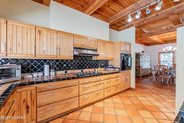 kitchen featuring decorative backsplash, wood ceiling, tile countertops, and beamed ceiling