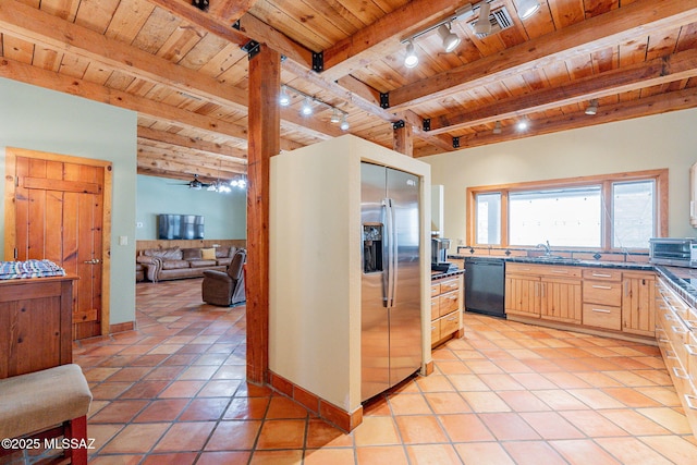 kitchen with wood ceiling, track lighting, dishwasher, and light brown cabinetry