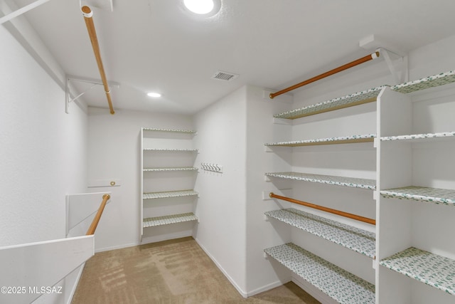 walk in closet featuring light carpet