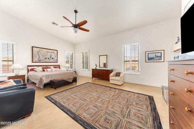 bedroom featuring ceiling fan and lofted ceiling