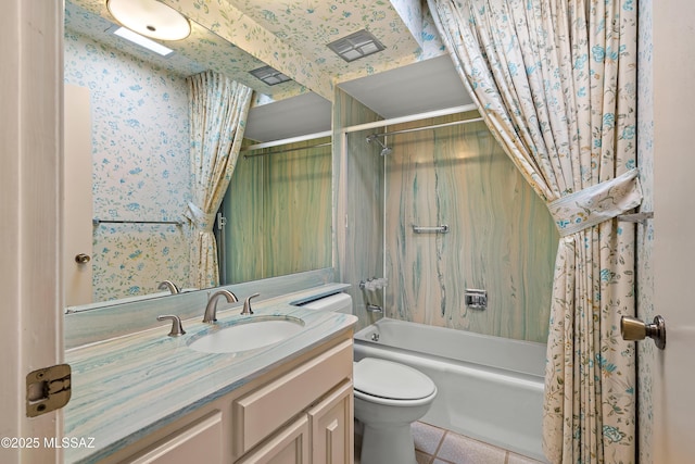 full bathroom featuring toilet, shower / tub combo, tile patterned flooring, and vanity