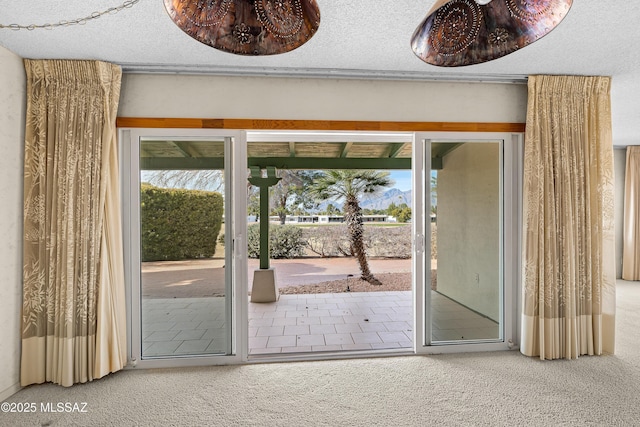 entryway featuring plenty of natural light, carpet, and a textured ceiling