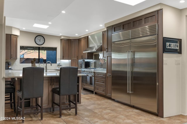 kitchen featuring tasteful backsplash, a kitchen breakfast bar, wall chimney range hood, high end appliances, and sink