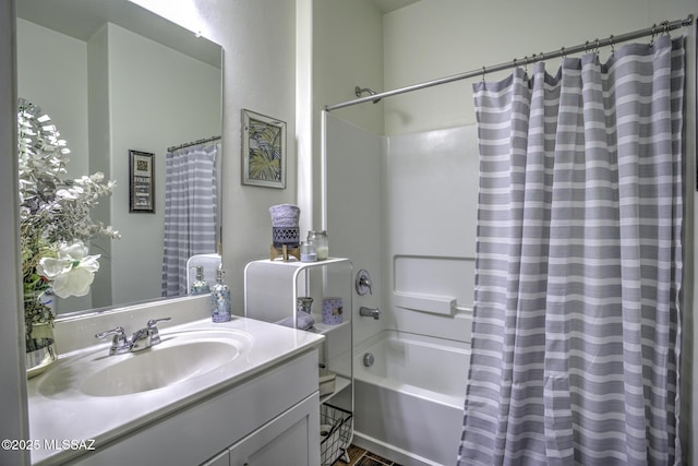 bathroom with vanity and shower / bathtub combination with curtain