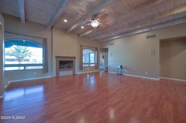 unfurnished living room featuring wood ceiling, beamed ceiling, and wood-type flooring