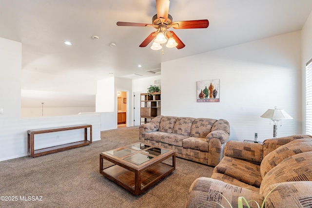 carpeted living room featuring ceiling fan