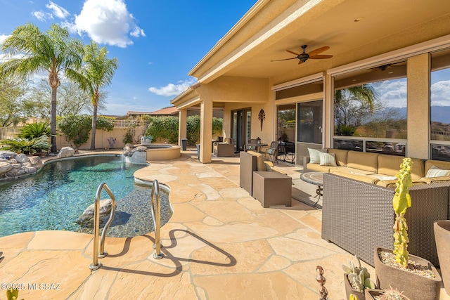 view of patio featuring ceiling fan, a fenced backyard, an in ground hot tub, an outdoor living space, and a fenced in pool