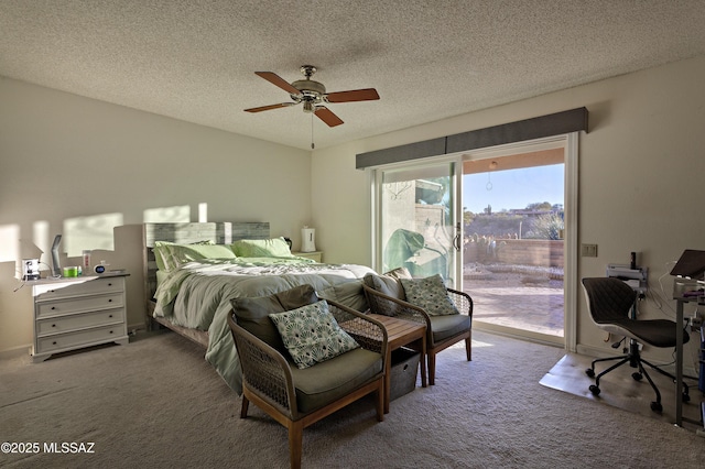 bedroom featuring access to exterior, carpet, ceiling fan, and a textured ceiling