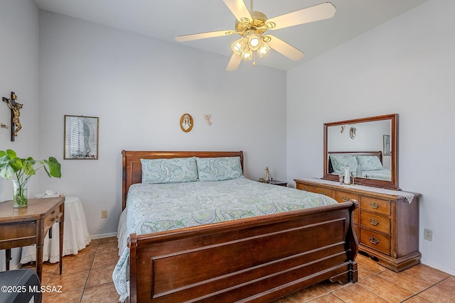 bedroom featuring ceiling fan and light tile patterned floors