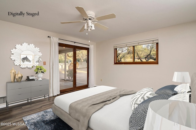 bedroom featuring access to exterior, a ceiling fan, and wood finished floors