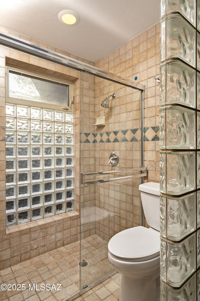 full bathroom featuring tile walls, toilet, and a stall shower