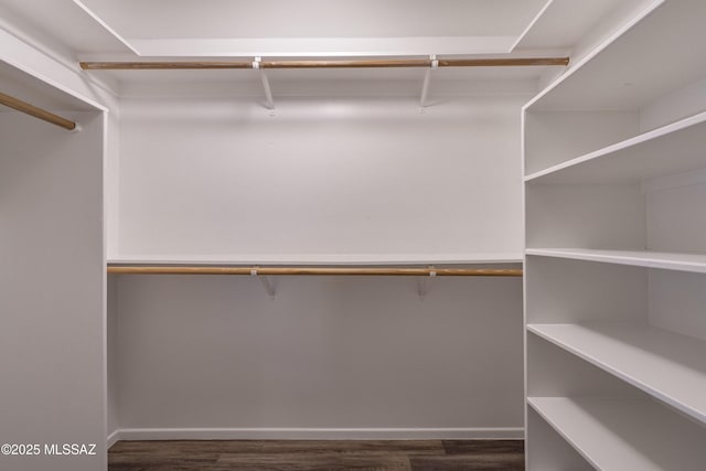 spacious closet with dark wood-style flooring