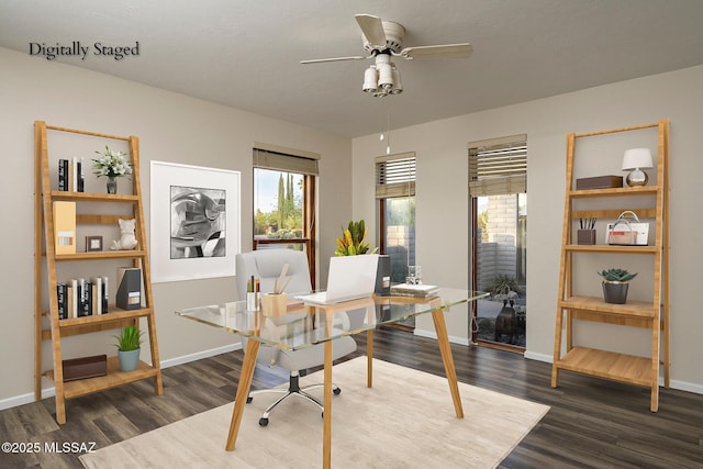 home office with a healthy amount of sunlight, wood finished floors, ceiling fan, and baseboards