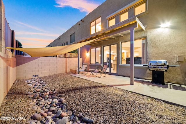 back house at dusk with a patio