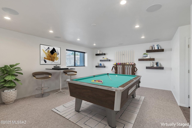 playroom featuring light colored carpet and billiards