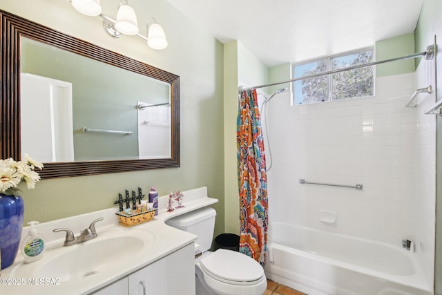 full bathroom with vanity, toilet, and shower / bathtub combination with curtain