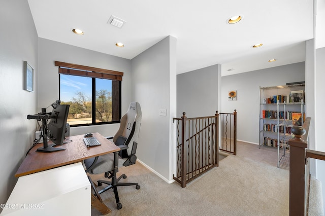 home office featuring light colored carpet