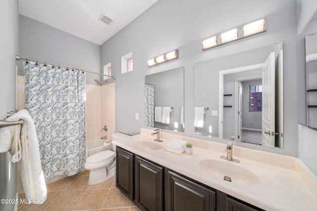 full bathroom with toilet, shower / bathtub combination with curtain, tile patterned floors, and vanity