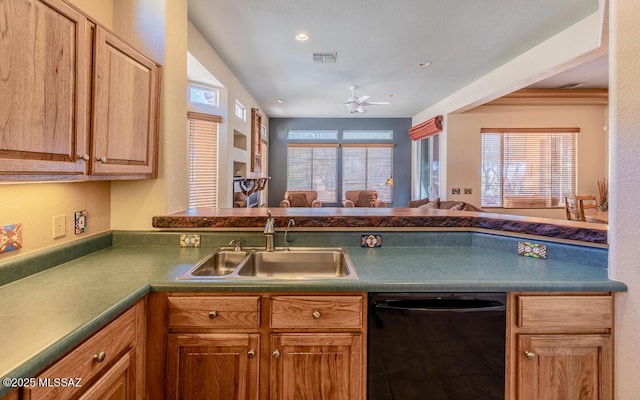 kitchen with ceiling fan, black dishwasher, kitchen peninsula, and sink