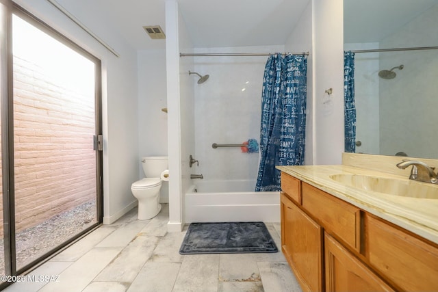 full bathroom with toilet, shower / bath combo, and vanity