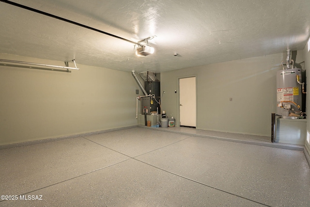 garage with water heater and a garage door opener